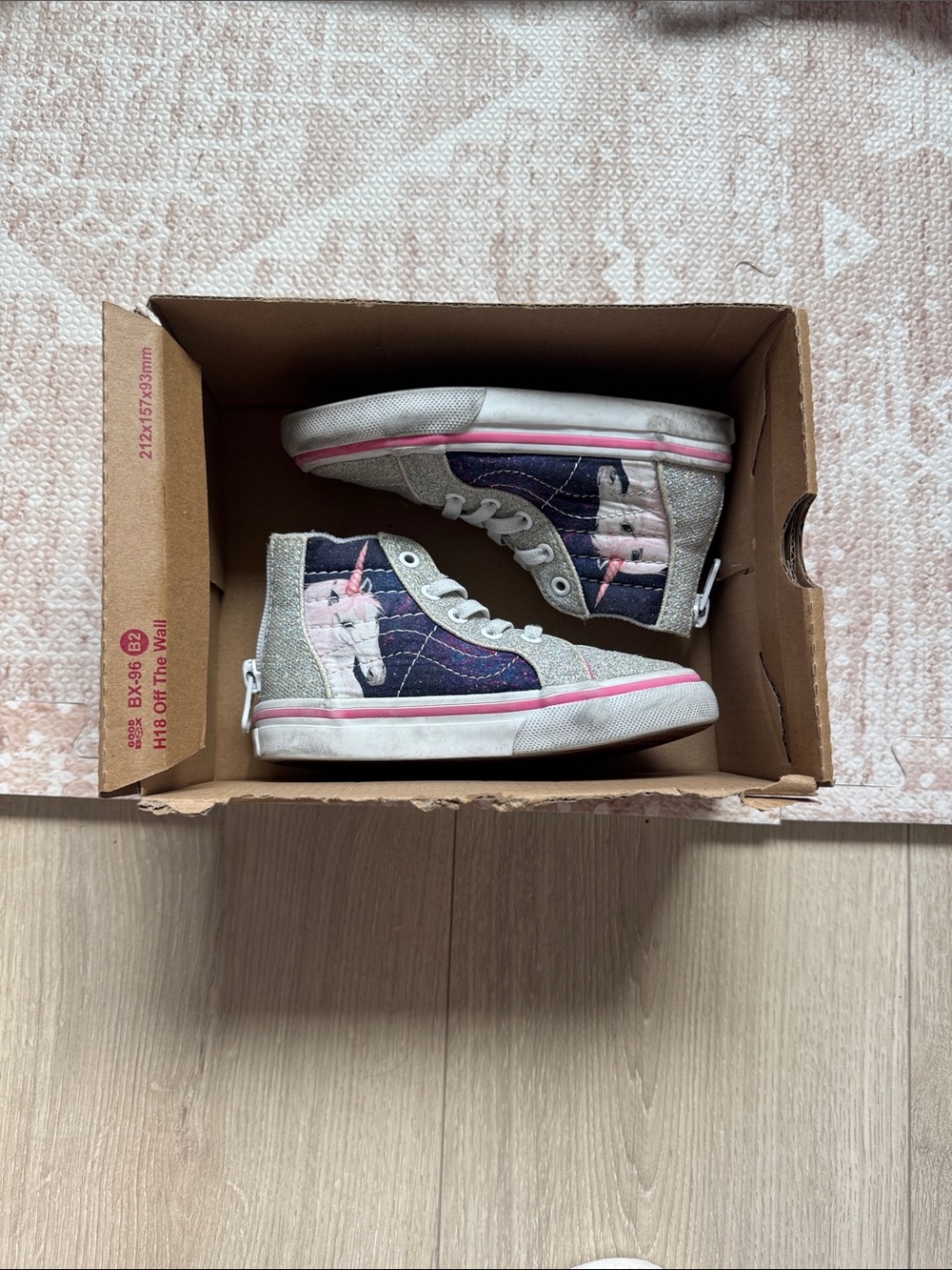 Vans Girls High-Top Sneakers in Silver, Navy and Pink with Unicorn Graphic